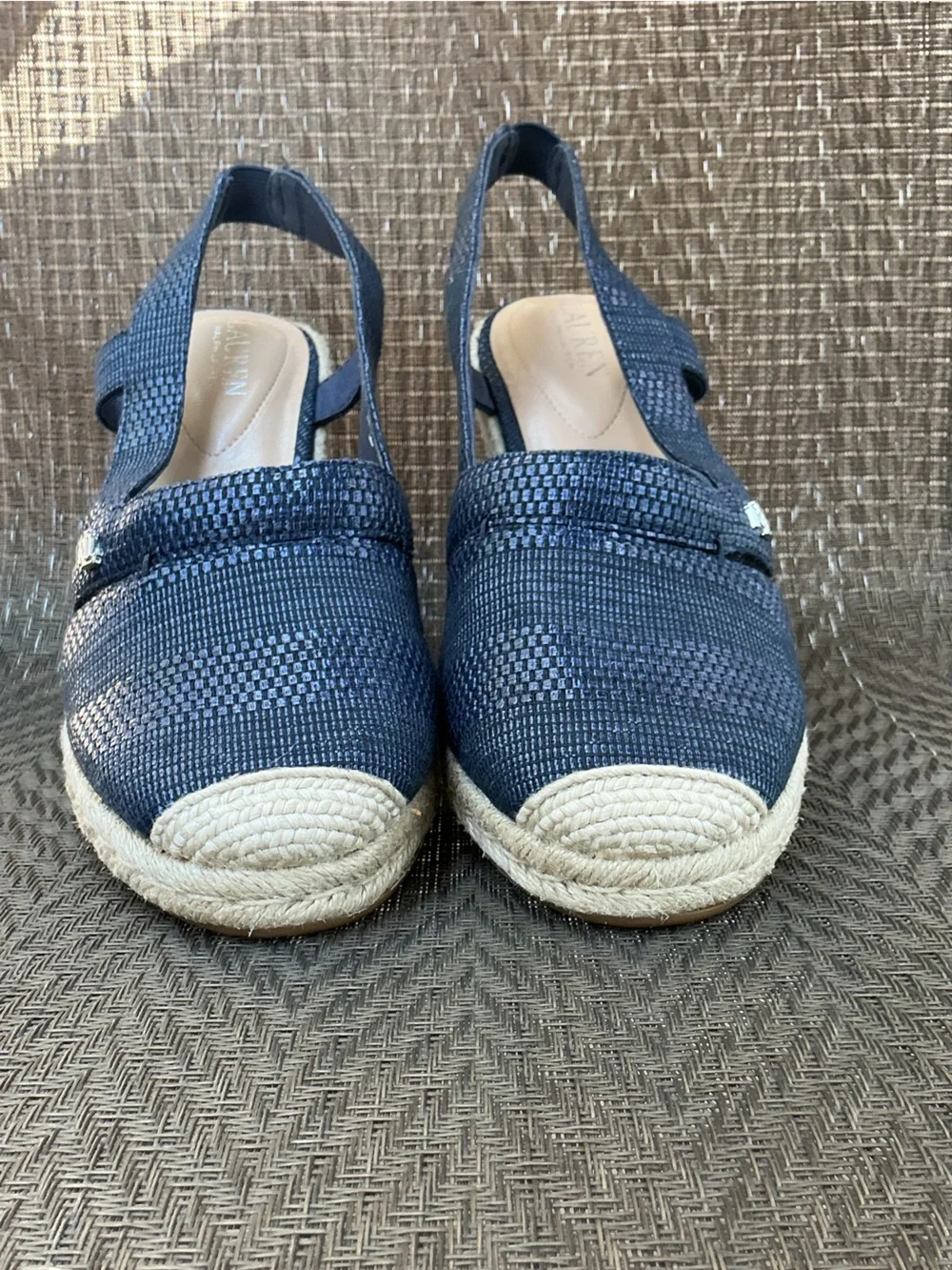 Lauren Ralph Lauren PENELOPE Navy Blue Woven Espadrille Wedge Slingback